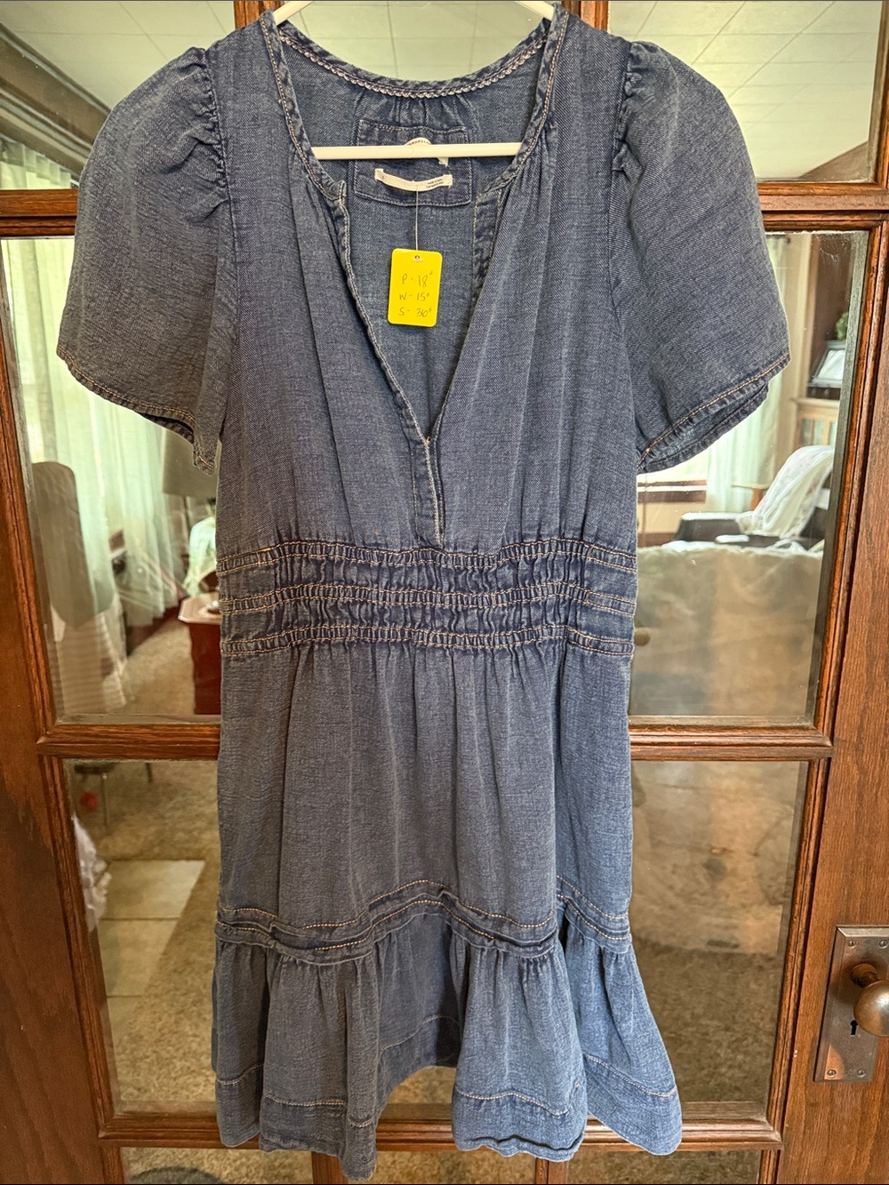 Anthropologie Denim Mini Dress Smocked Waist Tiered Ruffle Blue Small Feminine